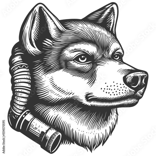 Vintage Engraving of a Dog's Head with Retro Hose Illustration