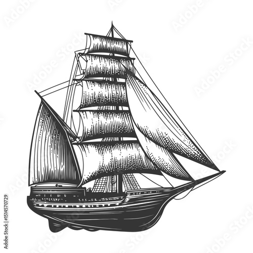 Vintage Engraving of a Classic Sailing Ship in Detailed Illustration