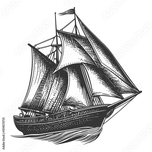 Vintage Engraving of a Majestic Sailing Ship in Monochrome Style