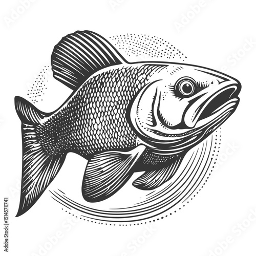 Detailed Illustration of a Vintage Engraved Fish in Black and White