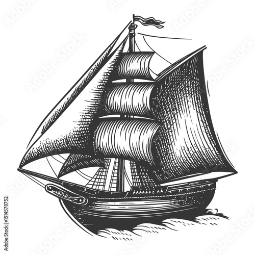 Vintage Engraving of Sailing Ship with Detailed Canvas and Masts