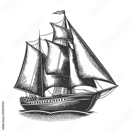 Vintage Engraving of a Sailing Ship with Full Sails and Waves