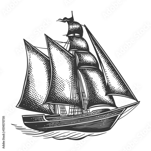 Vintage Engraving of a Sailing Ship with Full Sails and Waves