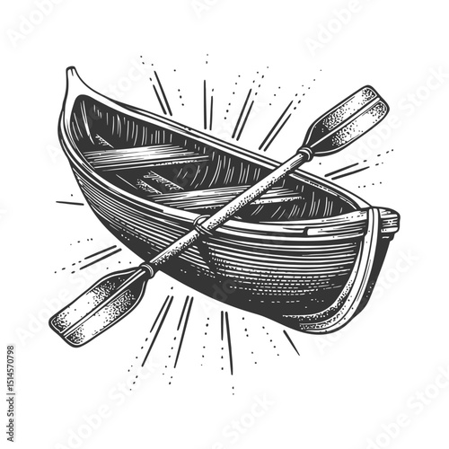 Vintage Engraving of a Rowboat with Oars in Classic Style