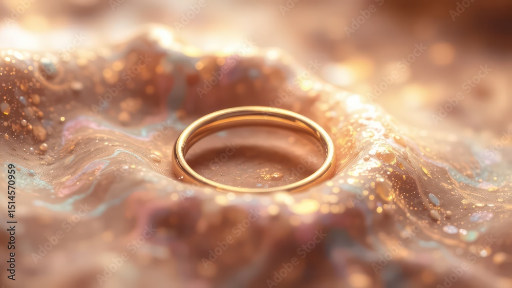 Golden band rests on swirling textured surface with bokeh effects and subtle hints of iridescent hues, creating a soft and dreamy visual. Golden band rests on swirling textured surface with bokeh effects and subtle hints of iridescent hues, creating a soft and dreamy visual.