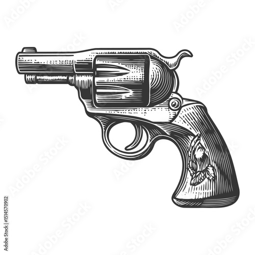 Vintage Handgun Illustration in Engraving Style with Detailed Design