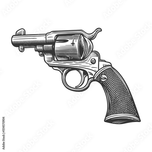 Vintage Illustration of a Revolver Engraving in Woodcut Style
