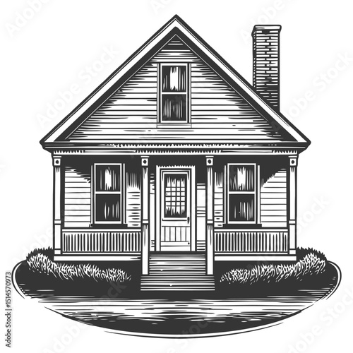 Vintage Engraving of Traditional House in Woodcut Style Illustration