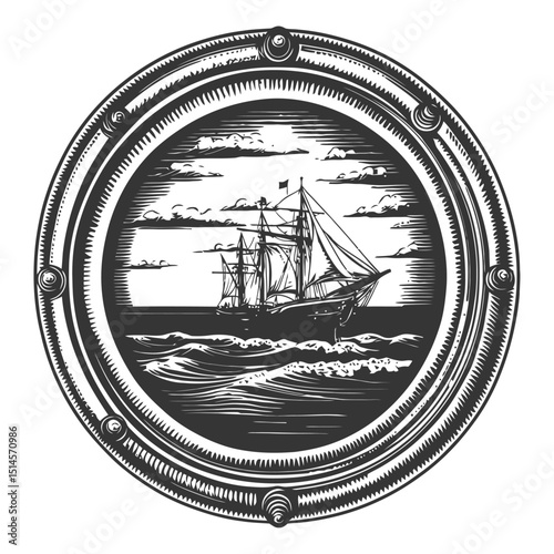 Vintage Engraving of a Ship Through a Porthole with Ocean Waves