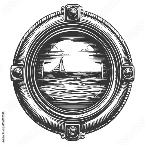Vintage Engraving of a Nautical Porthole with Sailing Boats