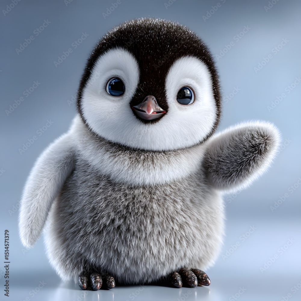 Fototapeta premium Adorable fluffy penguin chick waving hello with big blue eyes on