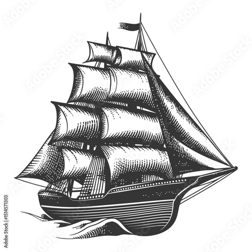 Vintage Engraving of a Classic Sailing Ship in Black and White