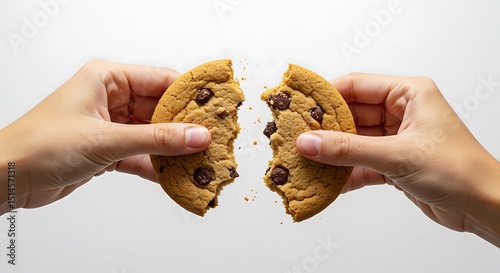 Two hands breaking a delicious chocolate chip cookie in half, with crumbs scattering, isolated on a clean white or light grey background. 