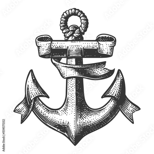 Vintage Engraving of a Nautical Anchor with Decorative Ribbons