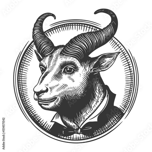 Vintage Engraving of a Goat with Formal Attire in Circular Frame