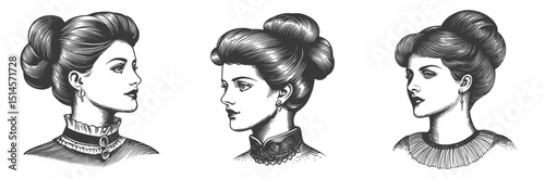 Vintage Engraving of Three Elegant Women with Distinct Hairstyles