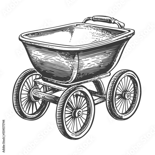 Vintage Engraved Woodcut Illustration of a Classic Baby Carriage