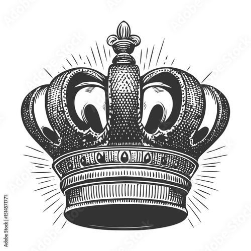 Vintage Engraving of a Crown with Radiant Lines and Classic Design