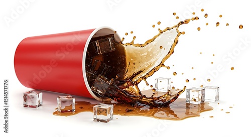 A dramatic action shot captures the moment a red disposable party cup topples over, spilling its contents of dark cola or soda and numerous ice cubes across a pristine white studio background.