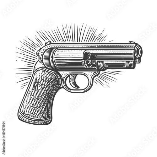 Vintage Engraving of a Handgun with Rays and Detailed Design