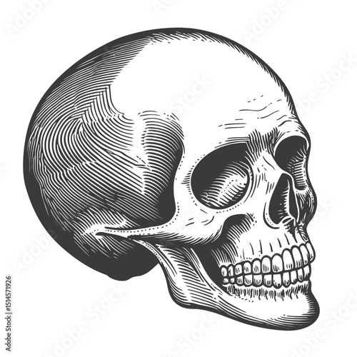 Vintage Engraving of a Detailed Human Skull Illustration