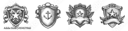 Vintage Engravings of Decorative Shields and Emblems for Illustrations