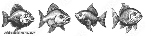 Vintage Engraving of Detailed Fish Illustrations in Black and White