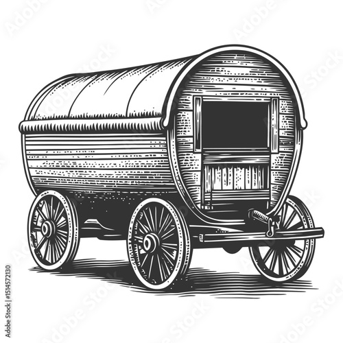 Vintage Woodcut Illustration of a Traditional Horse-Drawn Caravan