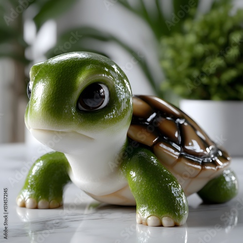 Adorable Green Turtle Figurine on Marble Surface