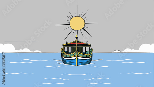 Colorful boat sailing on blue water under a bright sun  