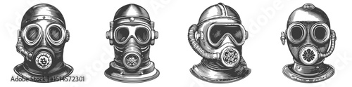 Vintage Engraving of Various Gas Masks in Detailed Illustration Style
