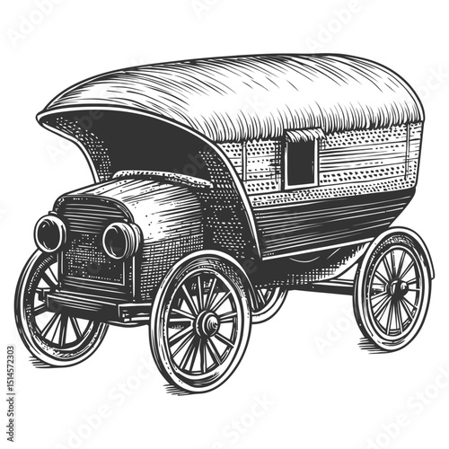 Vintage Engraving of Retro Automobile with a Charming Hood Canopy