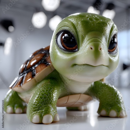 Adorable green turtle figurine with big brown eyes on a glossy w