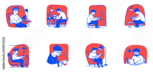 Modern Hand-Drawn Illustrations of Relaxed Individuals at Home