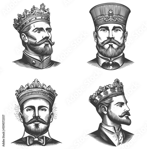 Vintage Portraits of Kings in Engraving and Woodcut Style Art