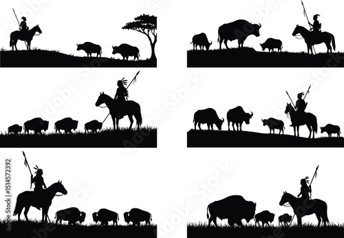 Silhouette Native American Warrior and Buffalo Herd Vector Set – Tribal Horseback Scenes