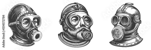 Vintage Engraving of Diver and Gas Mask Illustrations in Black and White