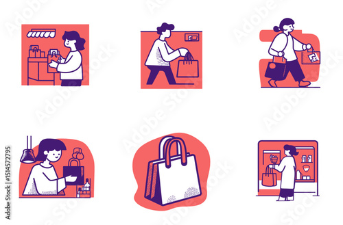 Modern Hand-Drawn Illustrations of Shopping and Daily Activities