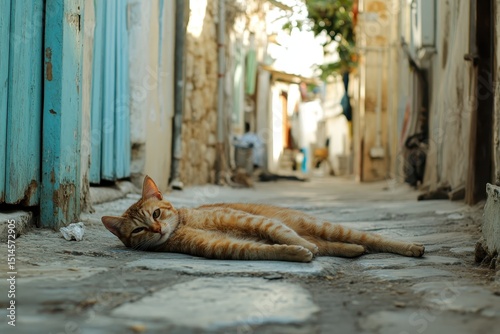 Sleepy orange cat resting on a cobblestone street in Paphos, Cyprus during a sunny afternoon, Cyprus Paphos homeless cat on a street lying on a ground relaxing