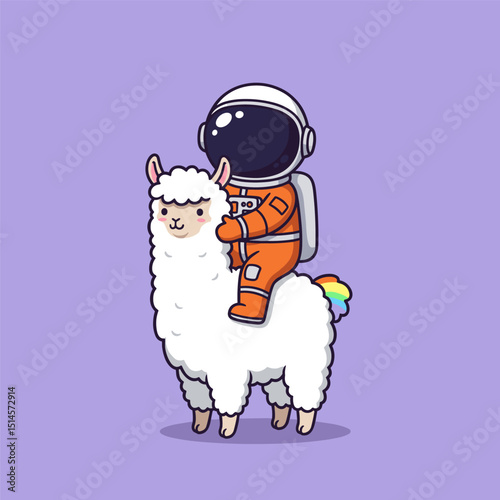 A cute cartoon astronaut riding a smiling white alpaca with a rainbow tail