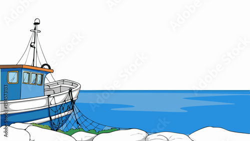 Fishing boat docked by the shore with calm sea and rocks  