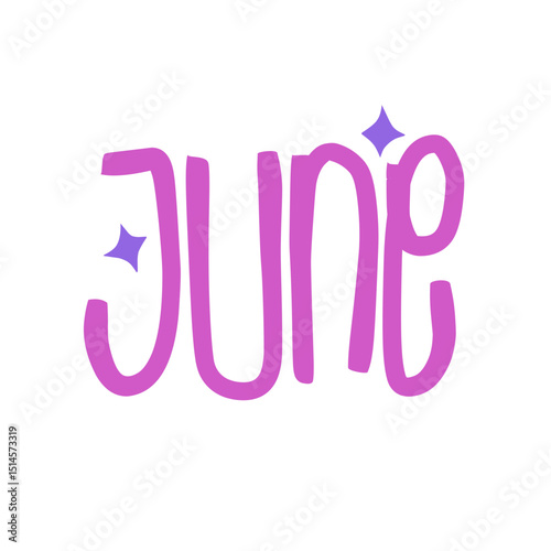 Handwritten lettering of June in pink on a white background