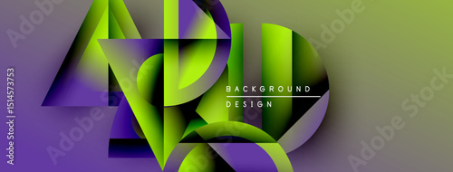 Abstract geometric shapes overlap, creating vibrant gradients. Purple, green hues dominate design, offering modern aesthetic.