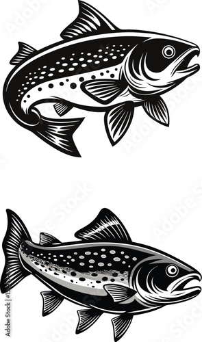 Trout Fish Silhouette | Hyper-Realistic Black and White Digital Illustration