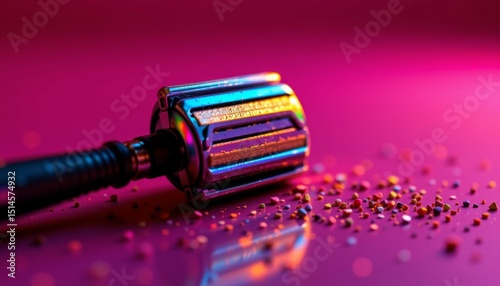 holographic razor made of particles position: right side of the image background: bold magenta tones under golden hour instructions: ensure ample copy space on the left for text or graphics.