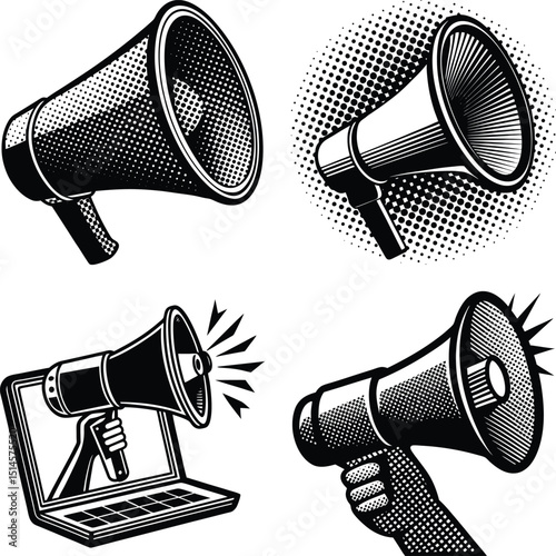 Loudspeaker with vintage halftone texture,cut out element for halftone collage design
