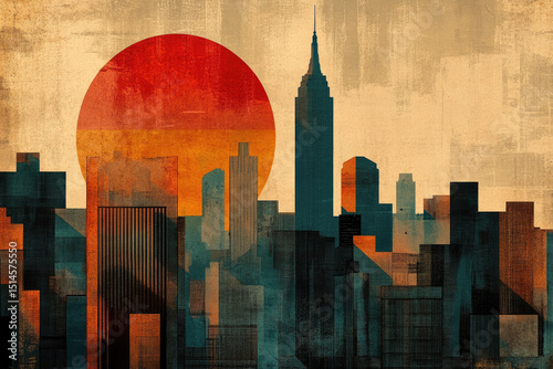 New York skyline at sunset with bold geometric shapes, retro textures, and grainy faded colors resembling 1930s posters 