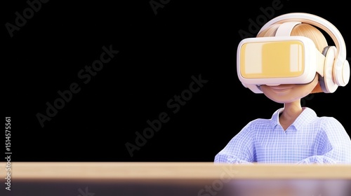 Cartoon Character Engaged in Virtual Reality Experience at Desk