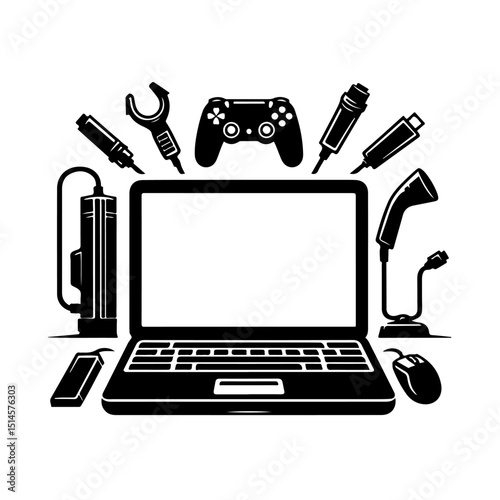 Laptop & Gaming Gadgets Vector Icons - Tech Accessories Silhouette
