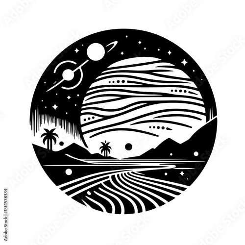 Cosmic Landscape Circle Icon - Alien Planet & Nature Silhouette